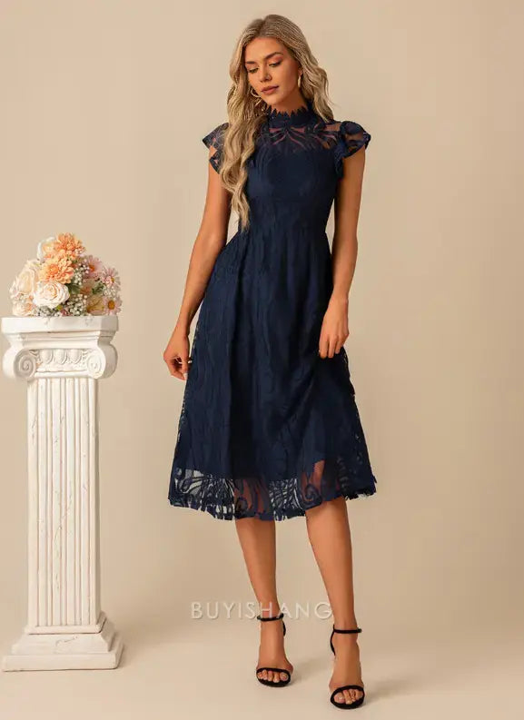Elegant A-Line High Neck Illusion Ruffled Cap Sleeve Lace Midi Dress Prom Dresses